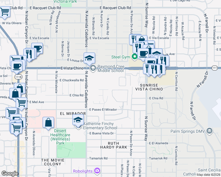 map of restaurants, bars, coffee shops, grocery stores, and more near 1100 East Deepak Road in Palm Springs