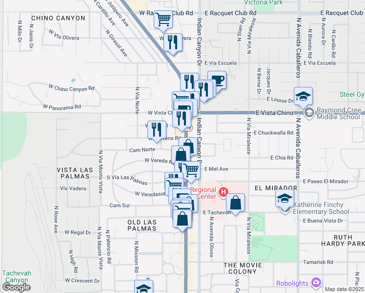 map of restaurants, bars, coffee shops, grocery stores, and more near 1521-1501 North Palm Canyon Drive in Palm Springs