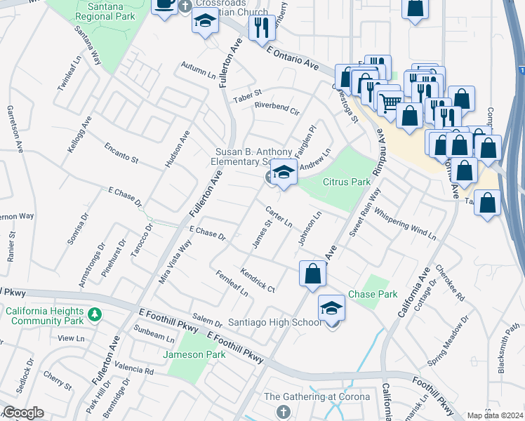map of restaurants, bars, coffee shops, grocery stores, and more near 1117 Carter Lane in Corona