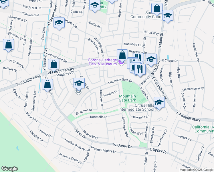map of restaurants, bars, coffee shops, grocery stores, and more near 3135 Graceland Way in Corona