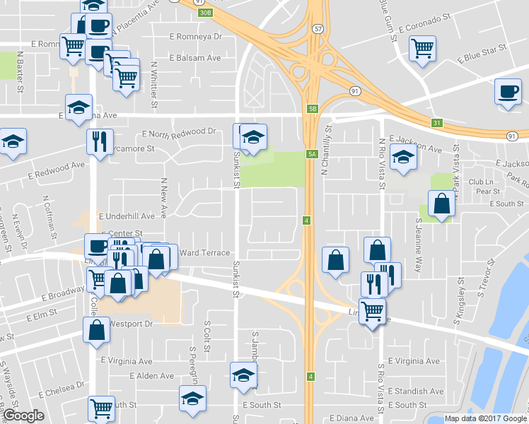 map of restaurants, bars, coffee shops, grocery stores, and more near 2533 East Tennyson Avenue in Anaheim