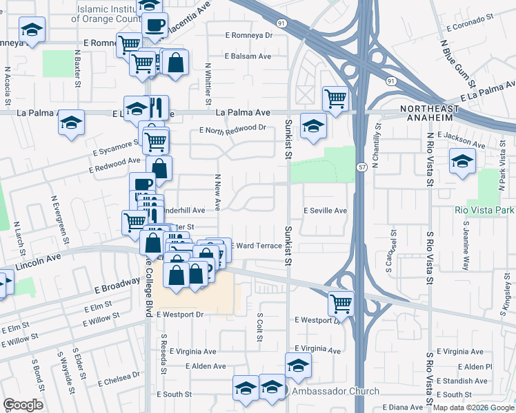 map of restaurants, bars, coffee shops, grocery stores, and more near 2415 East Seville Avenue in Anaheim
