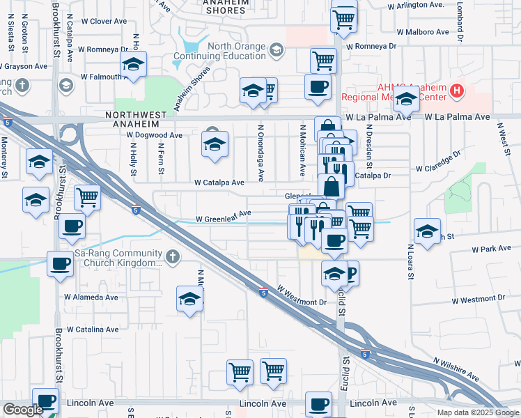 map of restaurants, bars, coffee shops, grocery stores, and more near 1820 Glenoaks Avenue in Anaheim