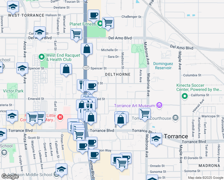 map of restaurants, bars, coffee shops, grocery stores, and more near 3618 Garnet Street in Torrance