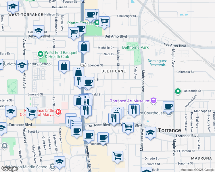 map of restaurants, bars, coffee shops, grocery stores, and more near 20627 Amie Avenue in Torrance