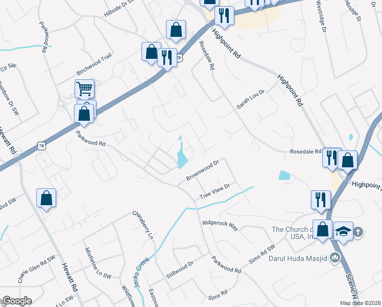map of restaurants, bars, coffee shops, grocery stores, and more near 2500 Park Estates Drive in Snellville