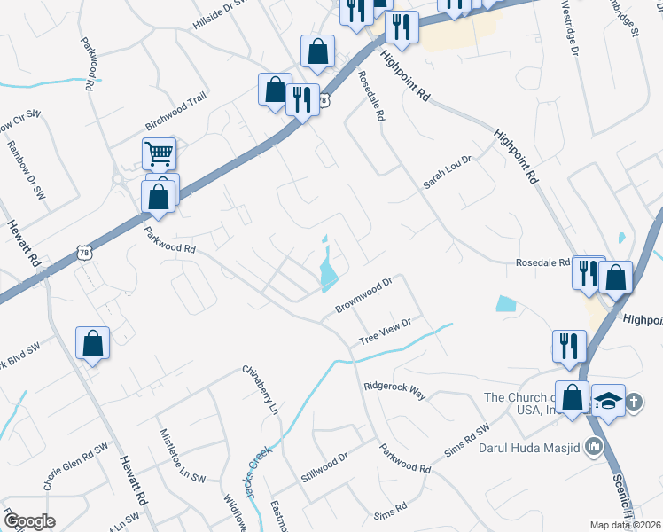 map of restaurants, bars, coffee shops, grocery stores, and more near 3384 Park Glen Way in Snellville