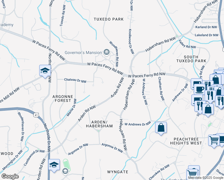 map of restaurants, bars, coffee shops, grocery stores, and more near 3206 Arden Road Northwest in Atlanta