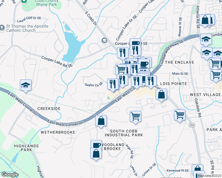 map of restaurants, bars, coffee shops, grocery stores, and more near Gaylor Street in Smyrna