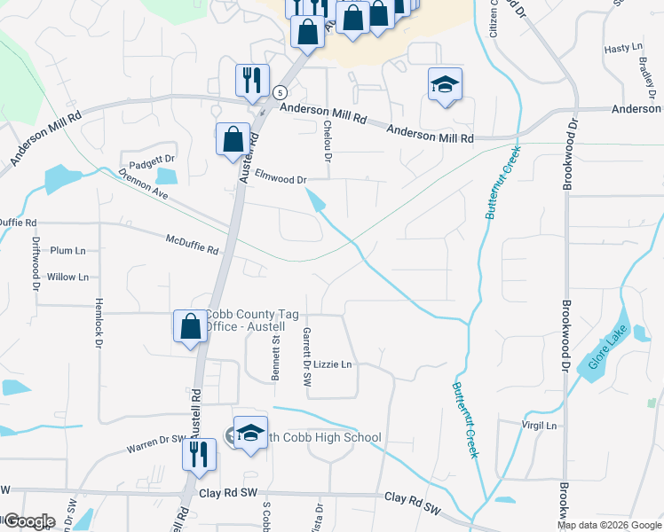 map of restaurants, bars, coffee shops, grocery stores, and more near 4822 Clove Drive Southwest in Mableton