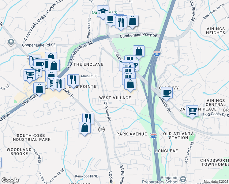 map of restaurants, bars, coffee shops, grocery stores, and more near 4663 Eddibunn Drive Southeast in Smyrna