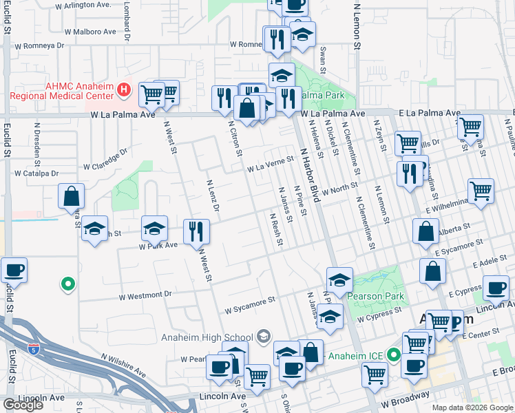 map of restaurants, bars, coffee shops, grocery stores, and more near 628 West Grafton Place in Anaheim