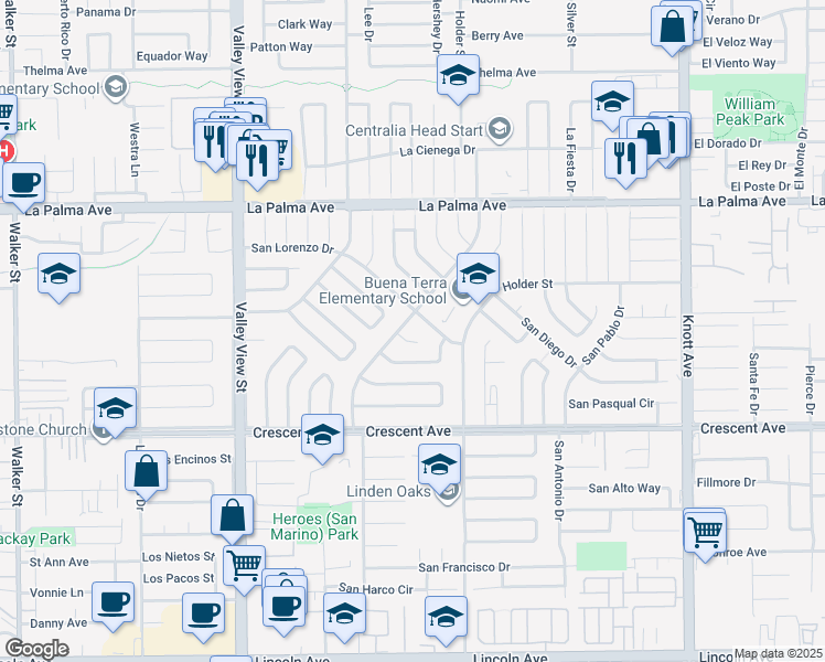 map of restaurants, bars, coffee shops, grocery stores, and more near 8252 San Marino Drive in Buena Park