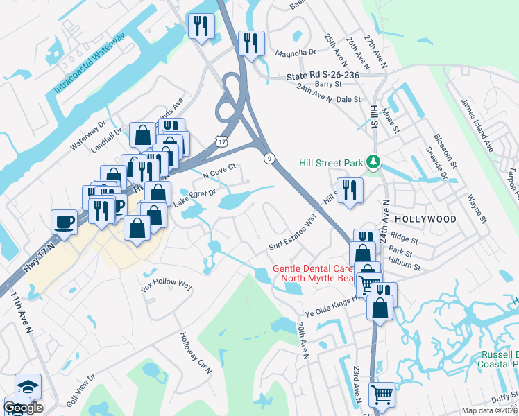 map of restaurants, bars, coffee shops, grocery stores, and more near 1602 Cottage Cove Circle in North Myrtle Beach