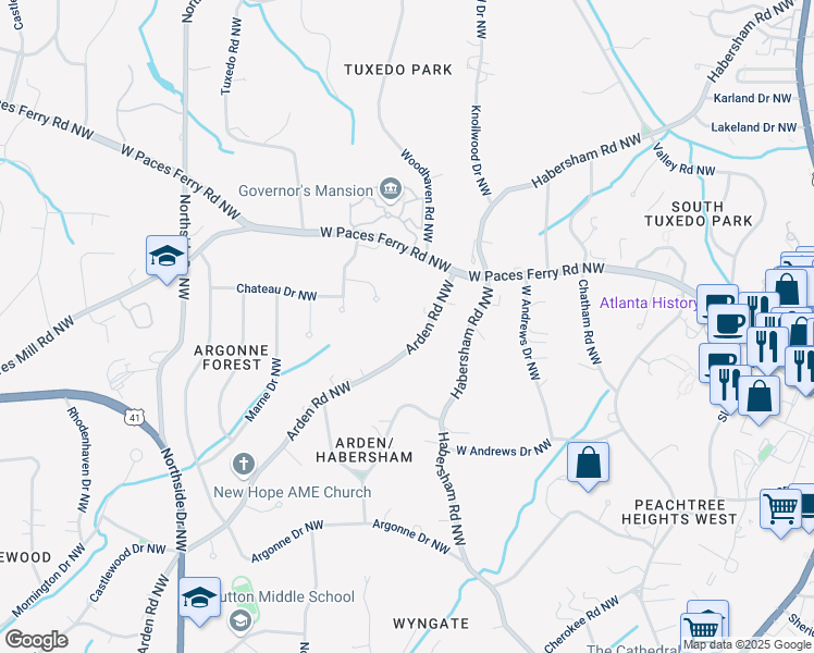 map of restaurants, bars, coffee shops, grocery stores, and more near 3206 Arden Road Northwest in Atlanta