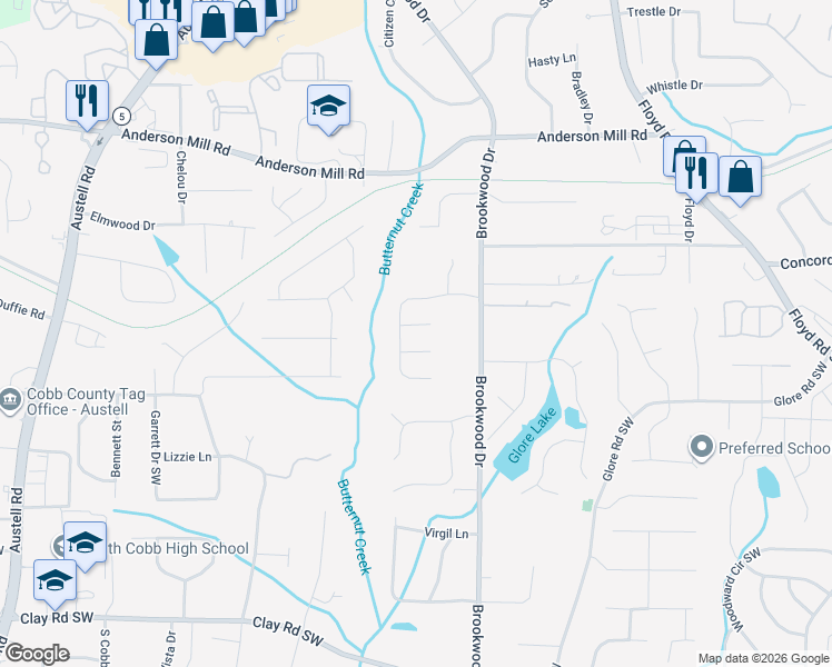 map of restaurants, bars, coffee shops, grocery stores, and more near 1354 Foxhall Place in Mableton