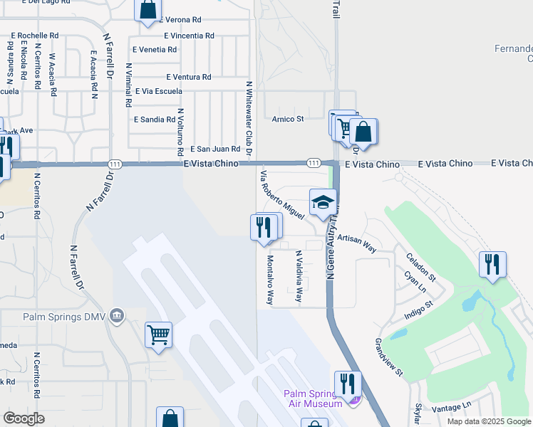 map of restaurants, bars, coffee shops, grocery stores, and more near 3375 East Avenue Fey Norte in Palm Springs