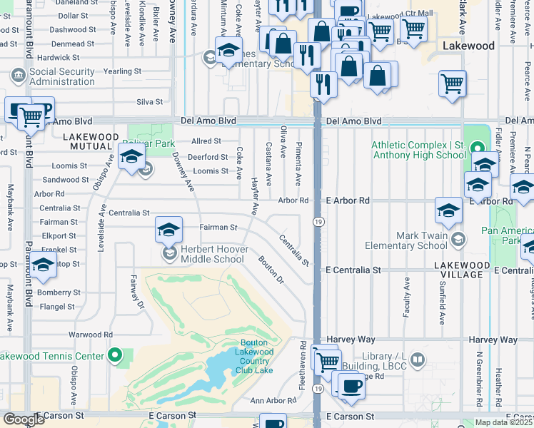 map of restaurants, bars, coffee shops, grocery stores, and more near 3933 Elsa Street in Lakewood