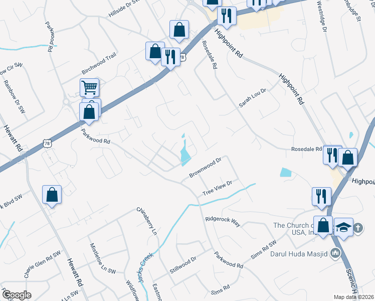 map of restaurants, bars, coffee shops, grocery stores, and more near 3384 Park Glen Way in Snellville