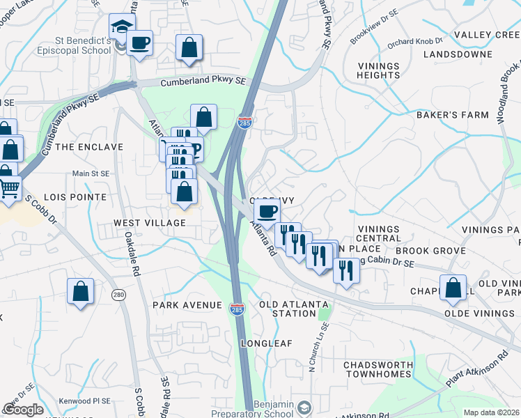 map of restaurants, bars, coffee shops, grocery stores, and more near 2325 Log Cabin Drive Southeast in Atlanta