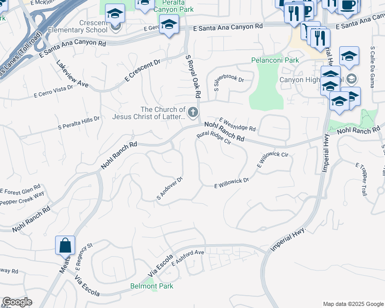 map of restaurants, bars, coffee shops, grocery stores, and more near 5291 Rural Ridge Circle in Anaheim