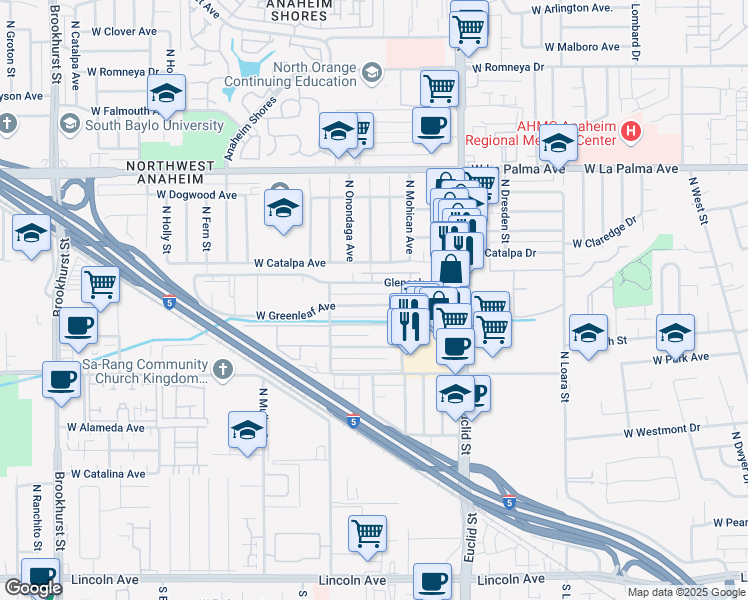 map of restaurants, bars, coffee shops, grocery stores, and more near 1789 West Greenleaf Avenue in Anaheim