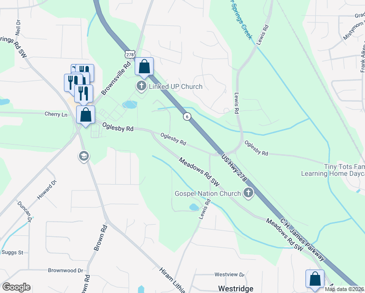 map of restaurants, bars, coffee shops, grocery stores, and more near 4700 Oglesby Road in Powder Springs