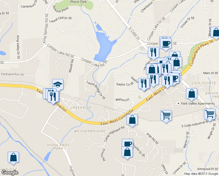 map of restaurants, bars, coffee shops, grocery stores, and more near 5138 Laurel Bridge Court Southeast in Smyrna