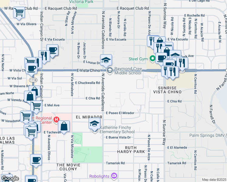map of restaurants, bars, coffee shops, grocery stores, and more near 1040 East Deepak Road in Palm Springs