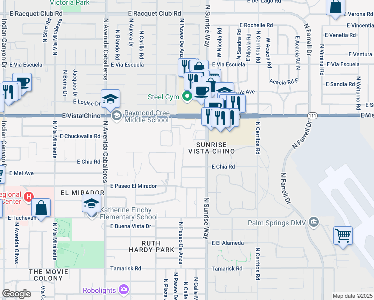 map of restaurants, bars, coffee shops, grocery stores, and more near 1409 North Sunrise Way in Palm Springs