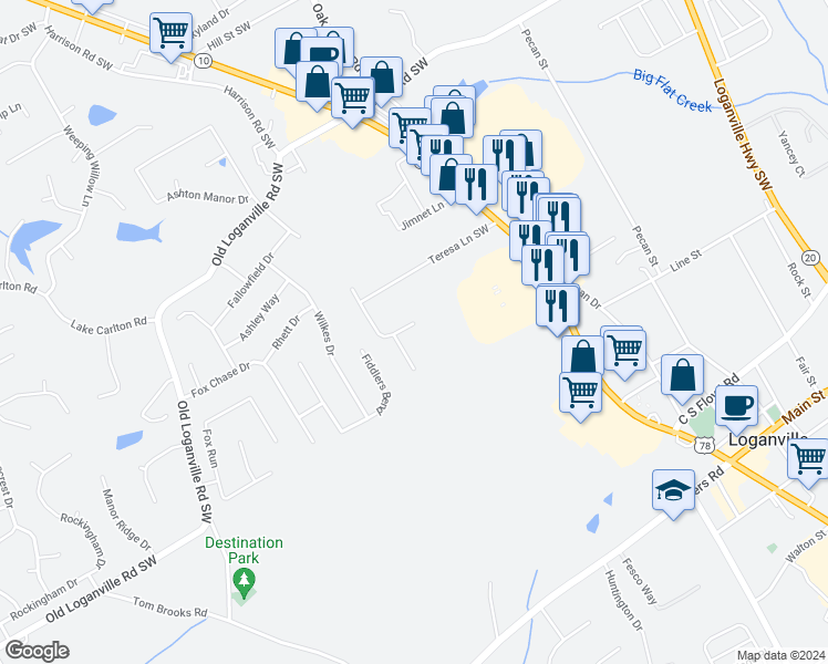 map of restaurants, bars, coffee shops, grocery stores, and more near 250 Randy Road Southwest in Loganville