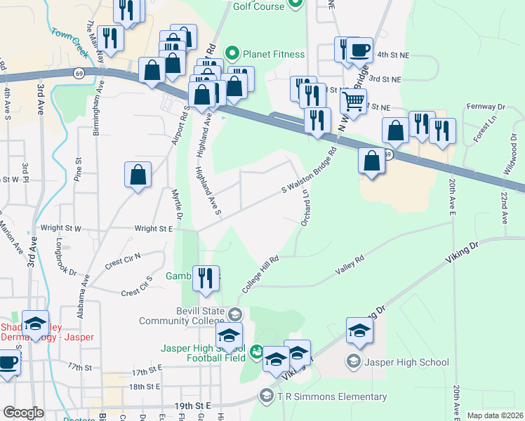 map of restaurants, bars, coffee shops, grocery stores, and more near 1001 South Walston Bridge Road in Jasper