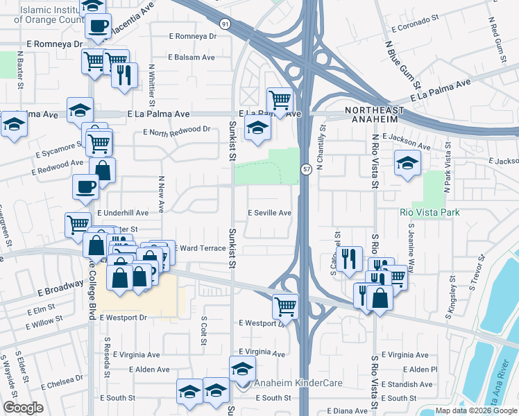map of restaurants, bars, coffee shops, grocery stores, and more near 2533 East Tennyson Avenue in Anaheim