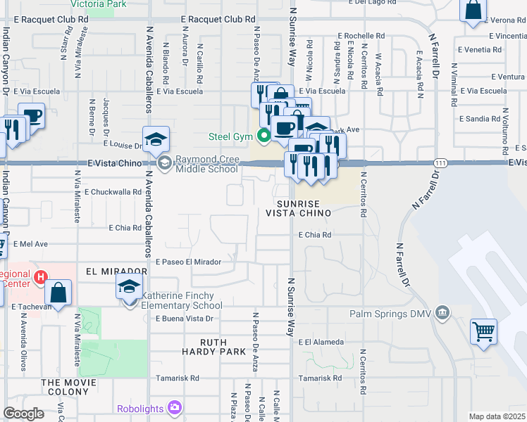 map of restaurants, bars, coffee shops, grocery stores, and more near 1409 North Sunrise Way in Palm Springs