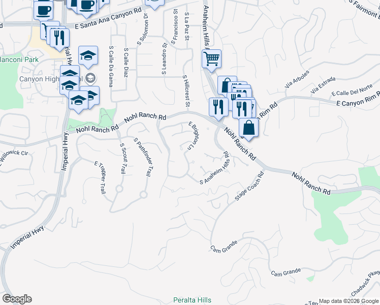 map of restaurants, bars, coffee shops, grocery stores, and more near 6093 East Brighton Lane in Anaheim