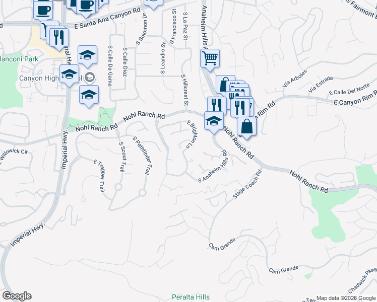 map of restaurants, bars, coffee shops, grocery stores, and more near 6093 East Brighton Lane in Anaheim