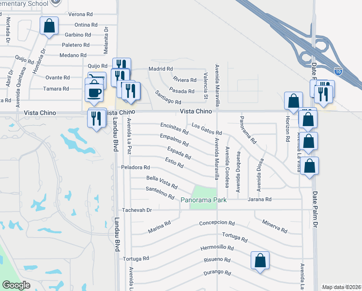 map of restaurants, bars, coffee shops, grocery stores, and more near 68195 Empalmo Road in Cathedral City