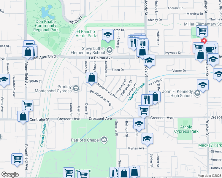 map of restaurants, bars, coffee shops, grocery stores, and more near 8221 Wickham Lane in La Palma