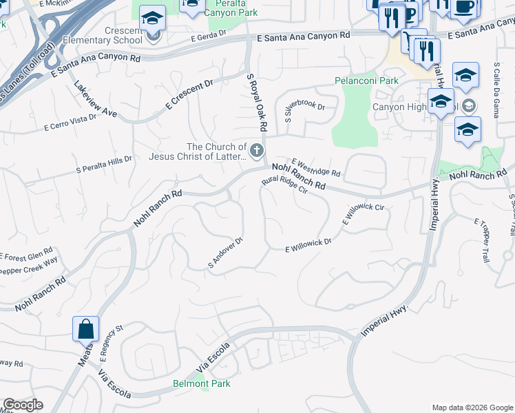 map of restaurants, bars, coffee shops, grocery stores, and more near 5294 Rural Ridge Circle in Anaheim