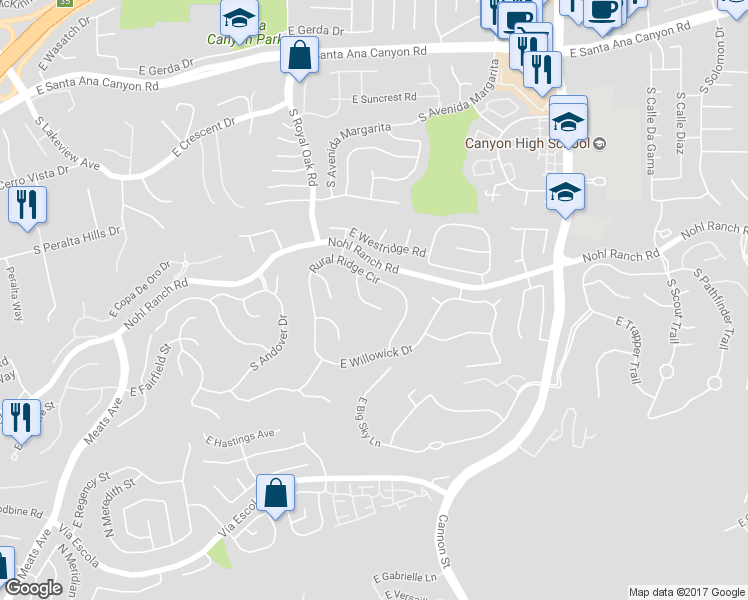 map of restaurants, bars, coffee shops, grocery stores, and more near 536 South Tumbleweed Road in Anaheim