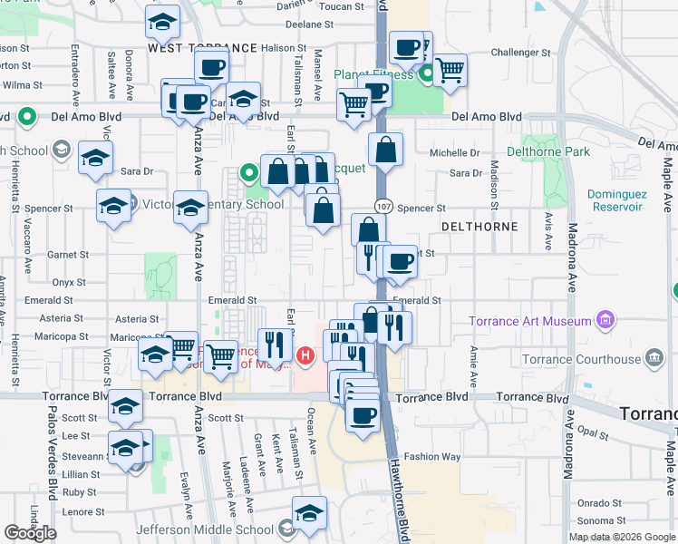 map of restaurants, bars, coffee shops, grocery stores, and more near 20625 Palm Way in Torrance