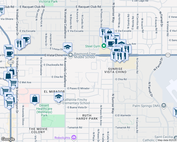 map of restaurants, bars, coffee shops, grocery stores, and more near 1260 Verdugo Road in Palm Springs