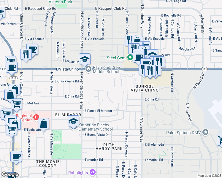 map of restaurants, bars, coffee shops, grocery stores, and more near 1228 Verdugo Road in Palm Springs