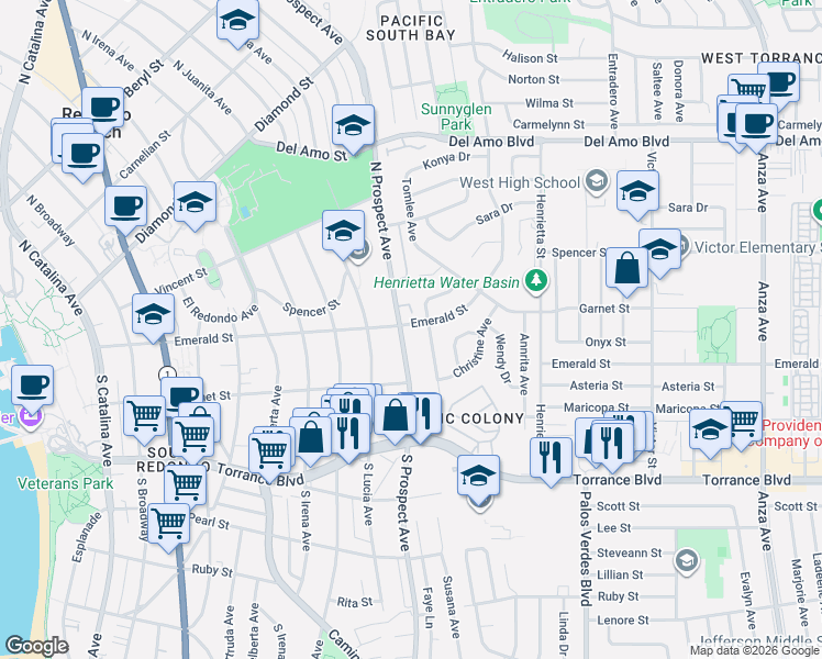map of restaurants, bars, coffee shops, grocery stores, and more near 100 South Prospect Avenue in Redondo Beach