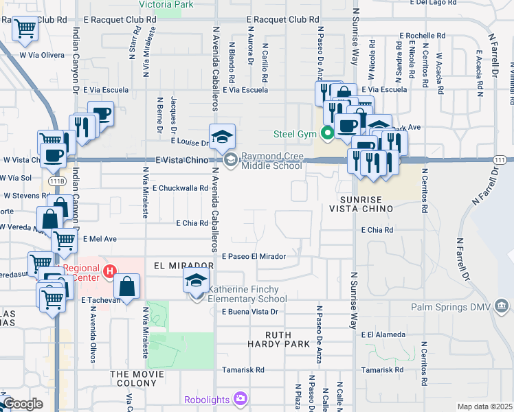 map of restaurants, bars, coffee shops, grocery stores, and more near 1070 East Deepak Road in Palm Springs