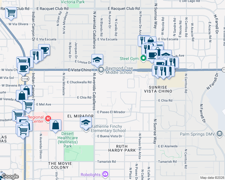 map of restaurants, bars, coffee shops, grocery stores, and more near 1070 East Deepak Road in Palm Springs
