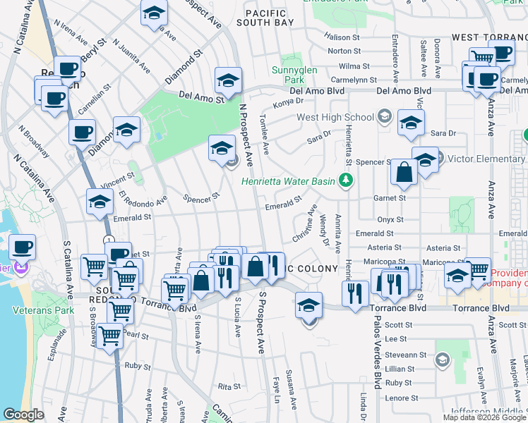 map of restaurants, bars, coffee shops, grocery stores, and more near 100 South Prospect Avenue in Redondo Beach