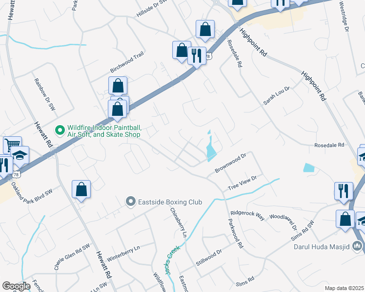 map of restaurants, bars, coffee shops, grocery stores, and more near 2296 Park Manor Lane in Snellville