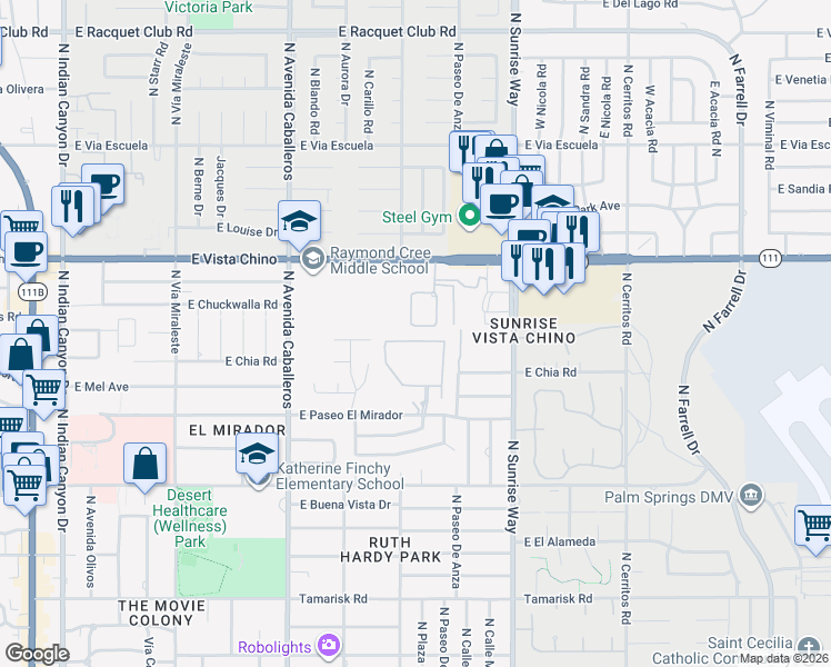 map of restaurants, bars, coffee shops, grocery stores, and more near 1260 Verdugo Road in Palm Springs