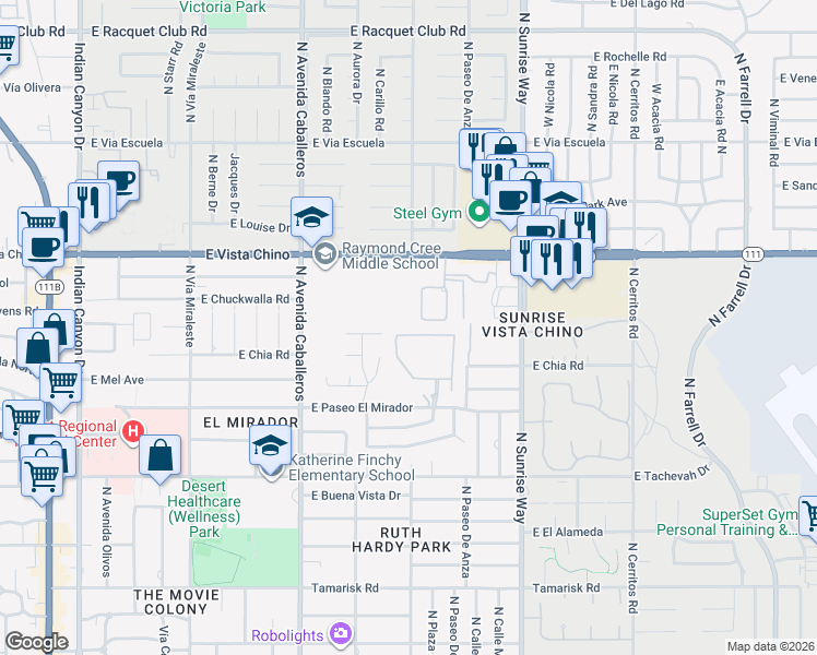 map of restaurants, bars, coffee shops, grocery stores, and more near 1228 Verdugo Road in Palm Springs